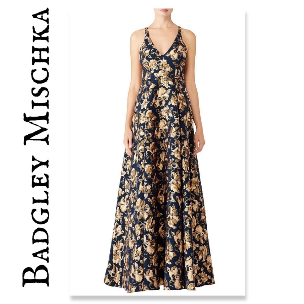 Badgley Mischka Navy and Gold Floral Gown